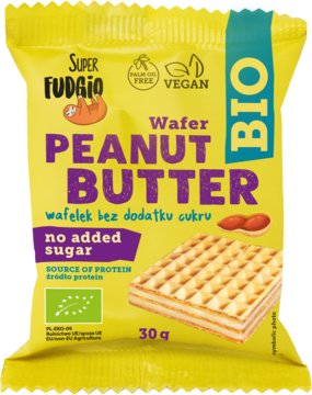 Żółte opakowanie Super Fudgio BIO wegańskiego wafla Peanut Butter, bez dodatku cukru, 30g, front.