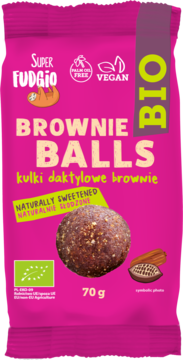 Różowa torebka Super Fudgio BIO Brownie Balls, ekologicznych wegańskich kulek daktylowych, widok z przodu.
