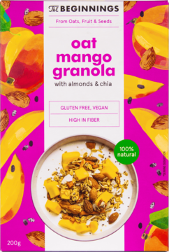 Front view: The Beginnings oat mango granola, bright pink packaging, bowl with mango, almonds, chia. Gluten-free.