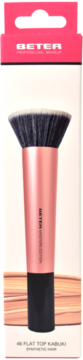 BETER Flat Top Kabuki brush #46, rose gold handle, synthetic hair, in retail packaging with pink top.