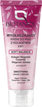 Tubka BIOTANIQE Dermoskin Expert: Wygładzający krem do rąk 2w1 z kolagenem, różowo-biała, widok z przodu.