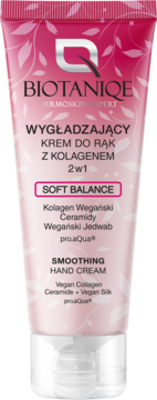 Biotaniqe wygładzający krem do rąk z kolagenem Soft Balance, różowa tubka z białym logo, widok z przodu.