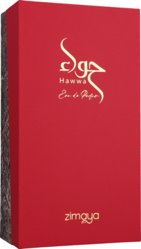 Zimaya Hawwa Eau de Parfum, intensywnie czerwone pudełko z eleganckimi złotymi napisami, widok z przodu.