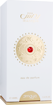 Białe pudełko perfum Zimaya Ramsh EDP 100ml ze złotym zdobionym medalionem i czerwonym klejnotem, widok pod kątem.
