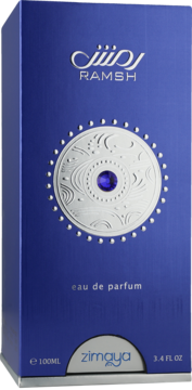 Niebieskie pudełko perfum Ramsh eau de parfum Zimaya, z frontu srebrne okrągłe zdobienie i centralny niebieski klejnot.