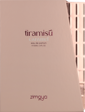 Bladoróżowe pudełko perfum Zimaya Tiramisu Caramel 100ml EDP, front z tekstem, prawy bok z metalowym wzorem.