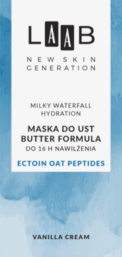 Białe opakowanie LAAB Milky Waterfall Hydration Maska do Ust, Ectoin Oat Peptides, Vanilla Cream.