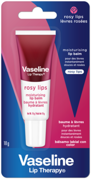 Vaseline Lip Therapy Rosy Lips nawilżający balsam do ust w różowo-niebieskim blistrze, widok z przodu.