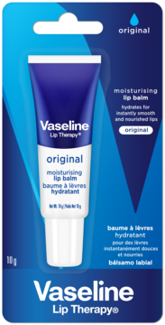 Vaseline Lip Therapy Original nawilżający balsam do ust, niebieska tubka w blistrze, widok z przodu, 10g.
