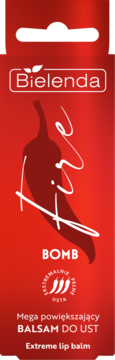 Czerwony balsam do ust Bielenda Fire Bomb. Opakowanie z grafiką ostrej papryczki, widok z przodu.