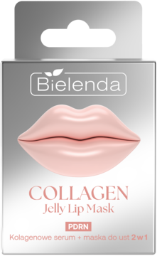Bielenda Collagen Jelly Lip Mask PDRN w srebrnym pudełku z grafiką różowych ust, widok z przodu.
