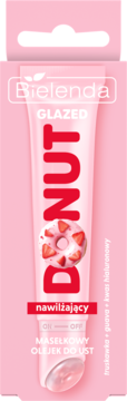 Bielenda Glazed Donut maselkowy olejek do ust. Różowa tubka z truskawka+guawa, widok z przodu.