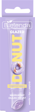 Bielenda Glazed Donut regenerujący olejek do ust wanilia figa. Fioletowa tubka z grafiką pączka, front.