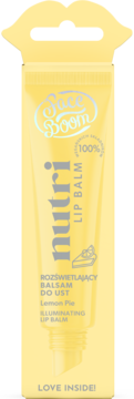 Żółty rozświetlający balsam do ust Nutri Lemon Pie w tubce, widok z przodu w żółtym opakowaniu w kształcie ust.