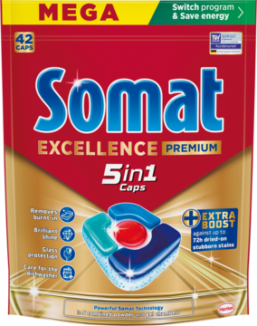 Front czerwonego opakowania Somat Excellence Premium 5in1 Caps (42 szt.) z dużą kapsułką 3D.