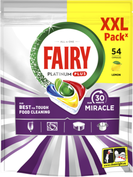 Fairy Platinum Plus Cytryna 54 tabletki do zmywarki All in One, biało-fioletowe opakowanie, widok z przodu.