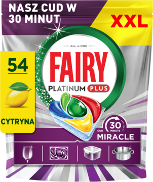 Fairy Platinum Plus 54 cytrynowe kapsułki do zmywarki 30 Minutes Miracle, fioletowe opakowanie XXL.