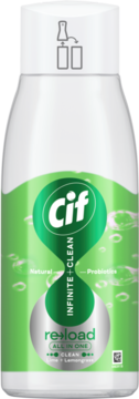 Biało-zielona butelka wkładu Cif Infinite Clean Reload (limonka, probiotyki). Widok z przodu.