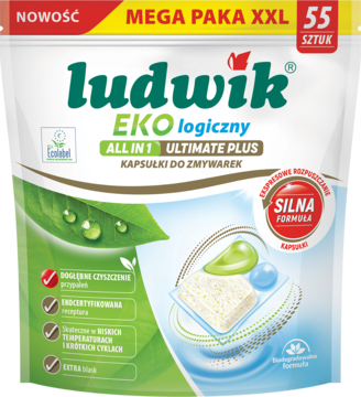 Nowość: Ludwik EKOlogiczny Ultimate Plus, kapsułki do zmywarek, mega paka 55 sztuk, widok z przodu.