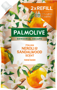 Palmolive Sensorial Escape Neroli & Sandalwood Hand Wash refill, beżowa saszetka z grafiką kwiatów i cytrusów, widok z przodu.
