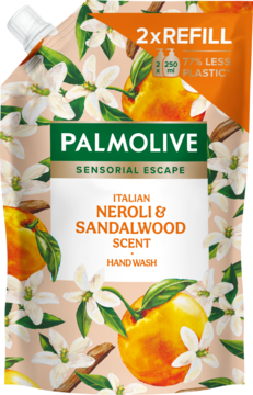 Palmolive Neroli & Sandalwood mydło do rąk, beżowa saszetka uzupełniająca z białymi kwiatami i owocami.