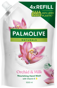 Palmolive Orchid & Milk 1000ml, biała torebka uzupełniająca mydło w płynie, orchidee, napis 82% mniej plastiku.