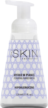 PRO SKIN LABORATORY hipoalergiczne mydło w piance, 320 ml, w przezroczystej butelce z fioletowym wzorem, widok z przodu.