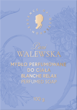 Mydło perfumowane Pani Walewska BLANCHE RELAX w jasnofioletowym opakowaniu z kwiatowym wzorem i złotym logo, widok z przodu.