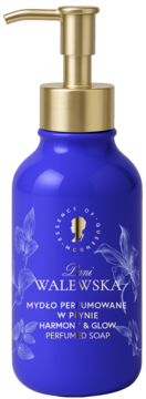 Pani Walewska Harmony & Glow perfumowane mydło w płynie, granatowa butelka ze złotą pompką i białymi wzorami roślinnymi.