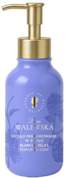Pani Walewska BLANCHE RELAX perfumed liquid soap in a lavender bottle with gold pump and silver floral graphics.