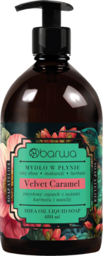 Mydło Barwa Velvet Caramel w brązowej butelce z pompką, zielona etykieta z kwiatami, kolibrem, shea.