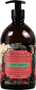Barwa Mydło w Płynie Noir Amber 480ml. Ciemna butelka z pompką, etykieta z kwiatami, olejek shea, bursztynowy zapach.