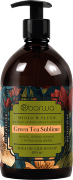 Barwa Green Tea Sublime mydło w płynie z olejem shea, brązowa butelka z pompką, zielona etykieta z liśćmi.