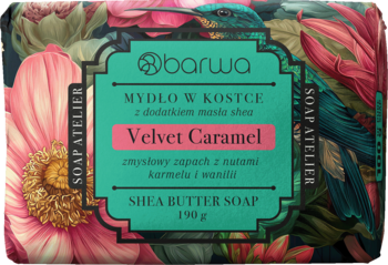 Mydło Barwa Velvet Caramel Shea Butter 190g, opakowanie z kwiatami i kolibrem, tealowa etykieta, widok z przodu.