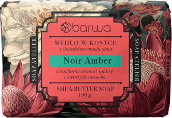 Barwa Noir Amber mydło w kostce z masłem shea 190g, opakowanie z czerwonymi kwiatami i zielonym napisem, widok z przodu.
