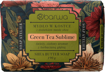 Barwa Green Tea Sublime mydło z masłem shea, ciemnozielone opakowanie z kwiatowym wzorem, widok z przodu.