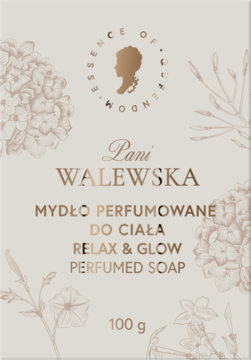 Pani Walewska RELAX & GLOW mydło perfumowane do ciała, beżowe opakowanie z grafiką kwiatów, widok z przodu.