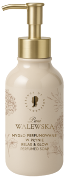 Pani Walewska RELAX & GLOW perfumowane mydło w płynie w beżowej butelce ze złotą pompką, widok z przodu.