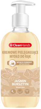 Butelka kremowego mydła do rąk CleanHands Jaśmin Bursztyn z pompką, beżowa etykieta, widok z przodu.