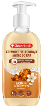 CleanHands Jaśmin i Bursztyn, antybakteryjne kremowe mydło do rąk. Butelka z pompką, grafika jaśminu i bursztynu.