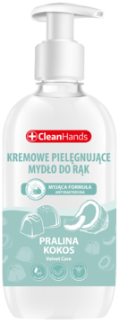 Mydło CleanHands Pralina Kokos w białej butelce z pompką, widok z przodu. Etykieta z pralinami i kokosem.