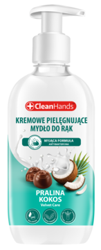 Kremowe mydło do rąk CleanHands Pralina Kokos, antybakteryjne, w białej butelce z pompką, front.