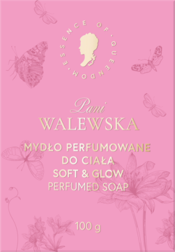 Pani Walewska Soft & Glow mydło perfumowane do ciała 100g. Różowe pudełko z motylami, widok z przodu.