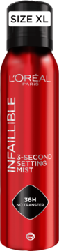 Czerwony spray L'Oréal Infaillible 3-Second Setting Mist XL, 36H No Transfer, front butelki.