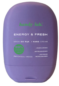 Fioletowy, nawilżający krem do rąk Handy Lab Energy & Fresh o zapachu paczuli, widok z przodu.