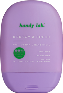 handy lab. krem do rąk Energy & Fresh Patchouli Mood, fioletowa tubka z zielonym logo 99%, widok z przodu.