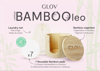 Zestaw GLOV Bambooleo: 7 bambusowych padów do demakijażu, siateczka, drewniany organizer na różowym tle.