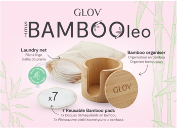 GLOV Bambooleo zestaw: 7 wielorazowych płatków bambusowych, organizer i siatka, na tle w odcieniach różu.