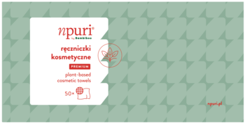 npuri plant-based ręczniczki kosmetyczne, białe pudełko 50+, Premium, na zielonym wzorzystym tle.