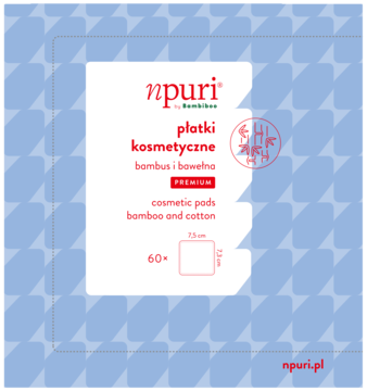 npuri PREMIUM płatki kosmetyczne bambusowo-bawełniane, opakowanie z przodu, biały panel na błękitnym tle.